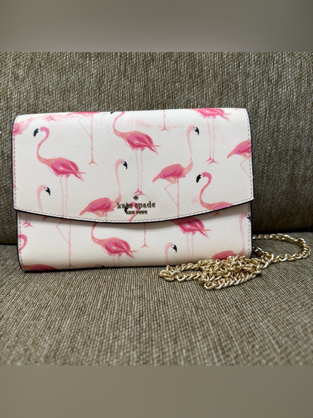 kate spade Flamingo Print Chain Crossbody in White and Pink Mini Purse